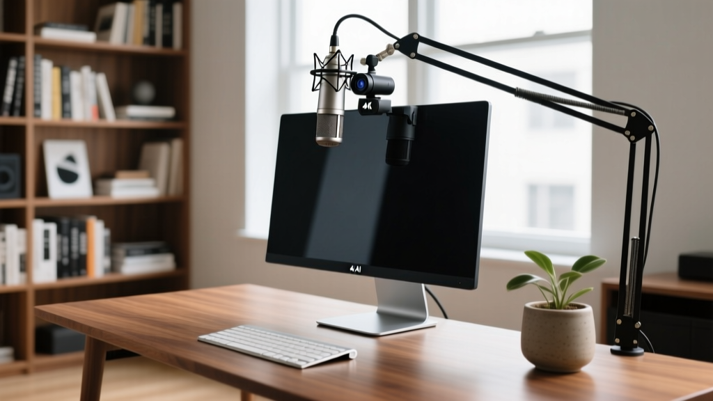 A high-end home office streaming setup featuring a 4K AI webcam mounted on a monitor and a dynamic podcast microphone on a boom arm.