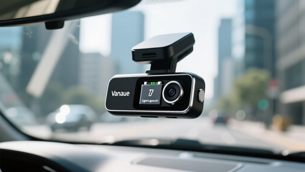 Close-up of a Vantrue supercapacitor dash cam mounted on a windshield, highlighting the lack of a swollen lithium-ion battery.