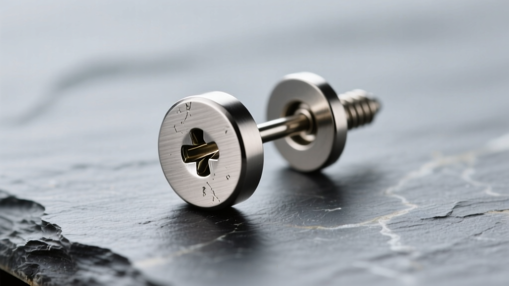 Macro shot of a 14-gauge titanium flat-head rivet earring on slate, showing brushed metal finish and secure screw-back threading.