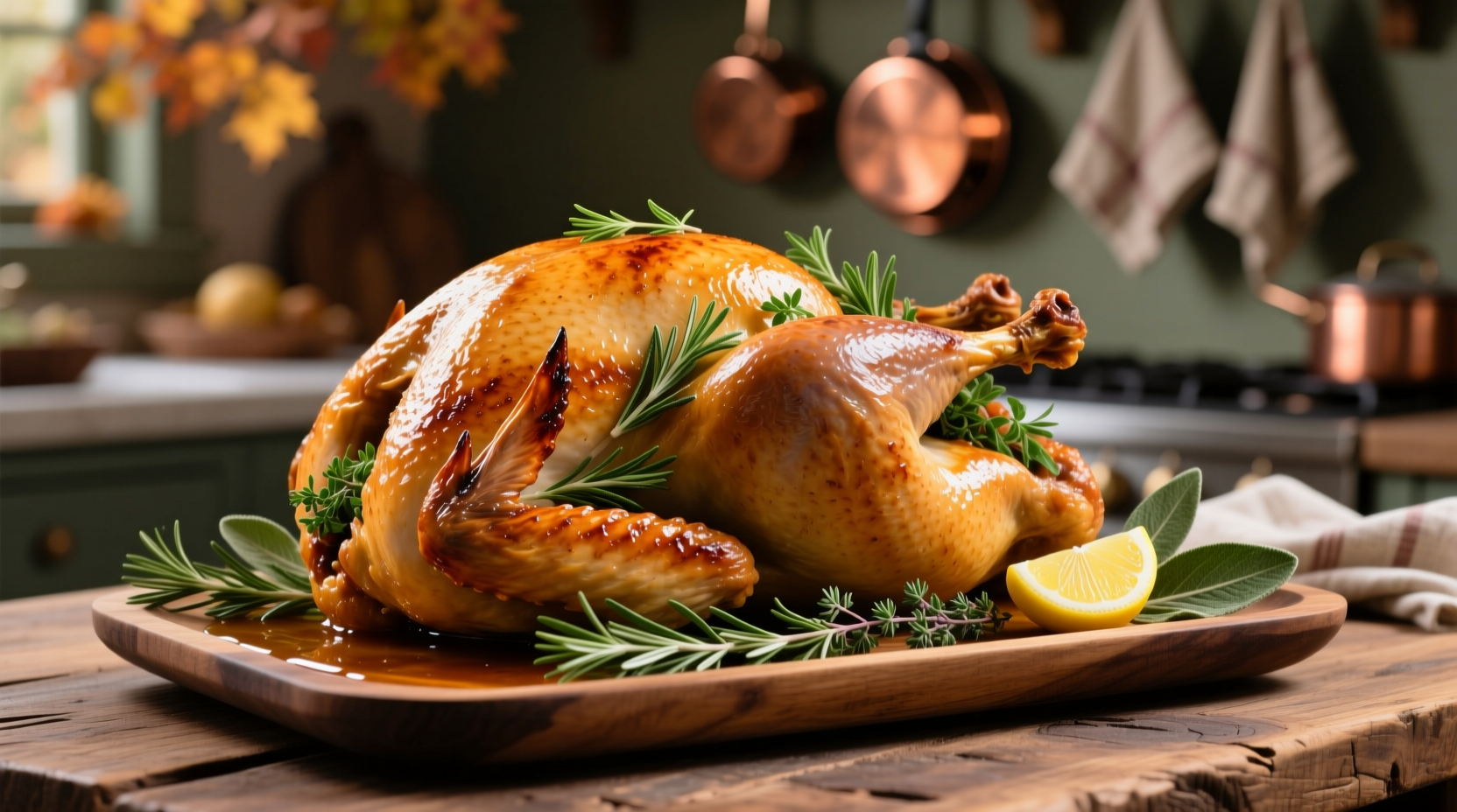 Perfectly roasted 20lb turkey on serving platter with herbs