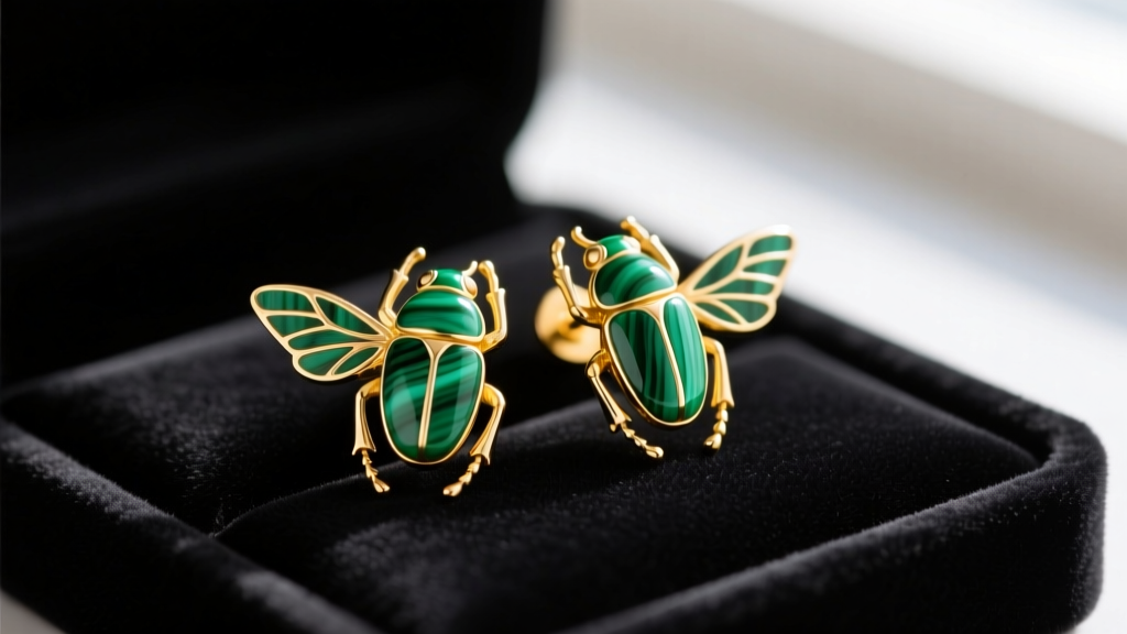Close-up of 14k yellow gold beetle stud earrings with vibrant green malachite inlay wings on a dark velvet jewelry display tray.