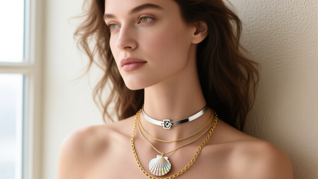 Close-up portrait of a woman wearing layered necklaces: a 16-inch choker, an 18-inch seashell pendant, and a 22-inch gold chain