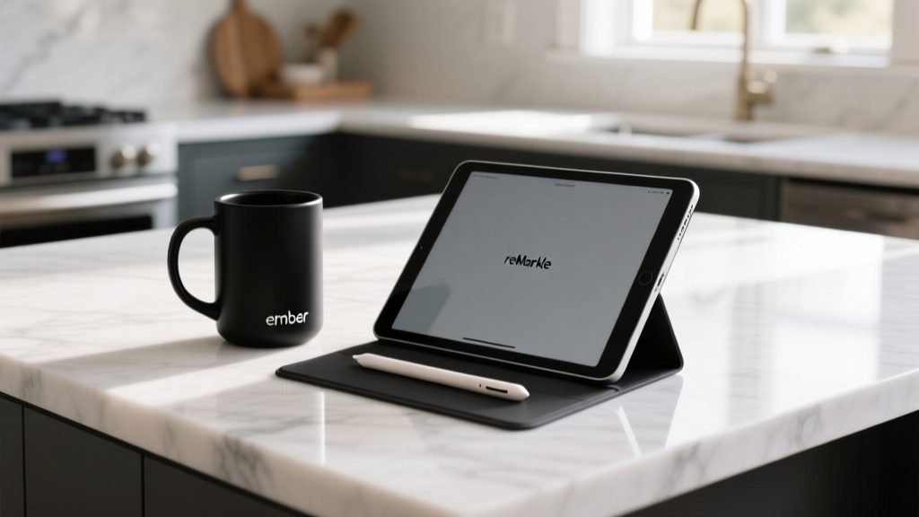 Matte black Ember Travel Mug 3 next to an open reMarkable Paper Pro tablet with stylus on a modern white marble kitchen island