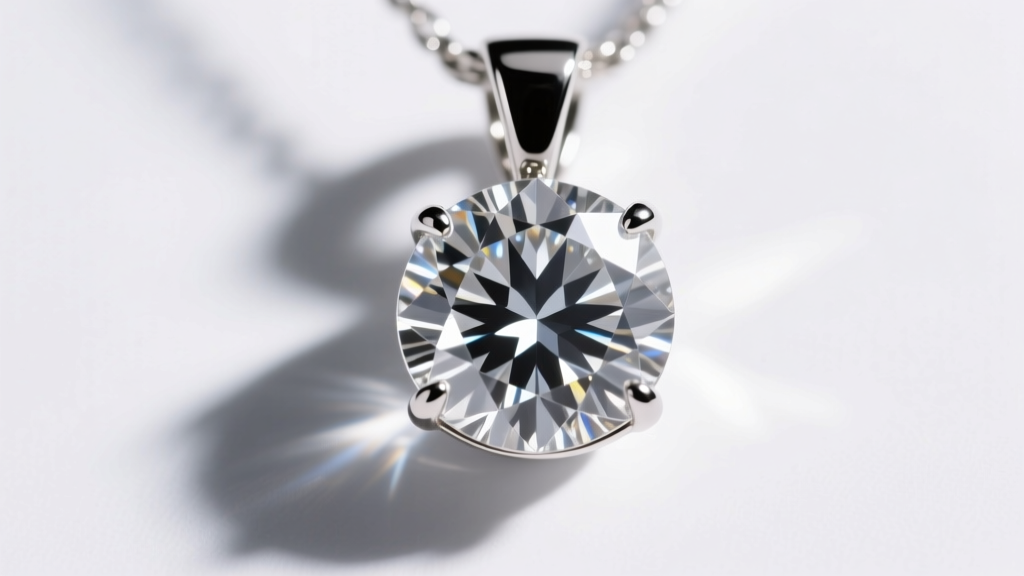 Macro photography of a brilliant-cut diamond pendant in platinum, showing precise facet reflections under bright studio lighting.