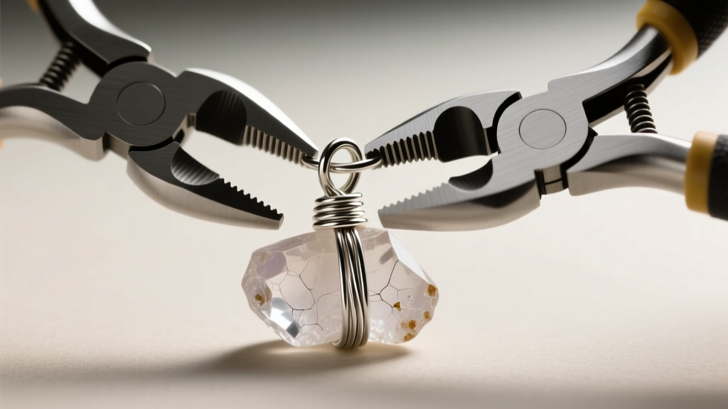 Nylon-jaw pliers wrapping 18-gauge half-hard silver wire around a raw quartz nugget to form a secure, structured pendant bail.