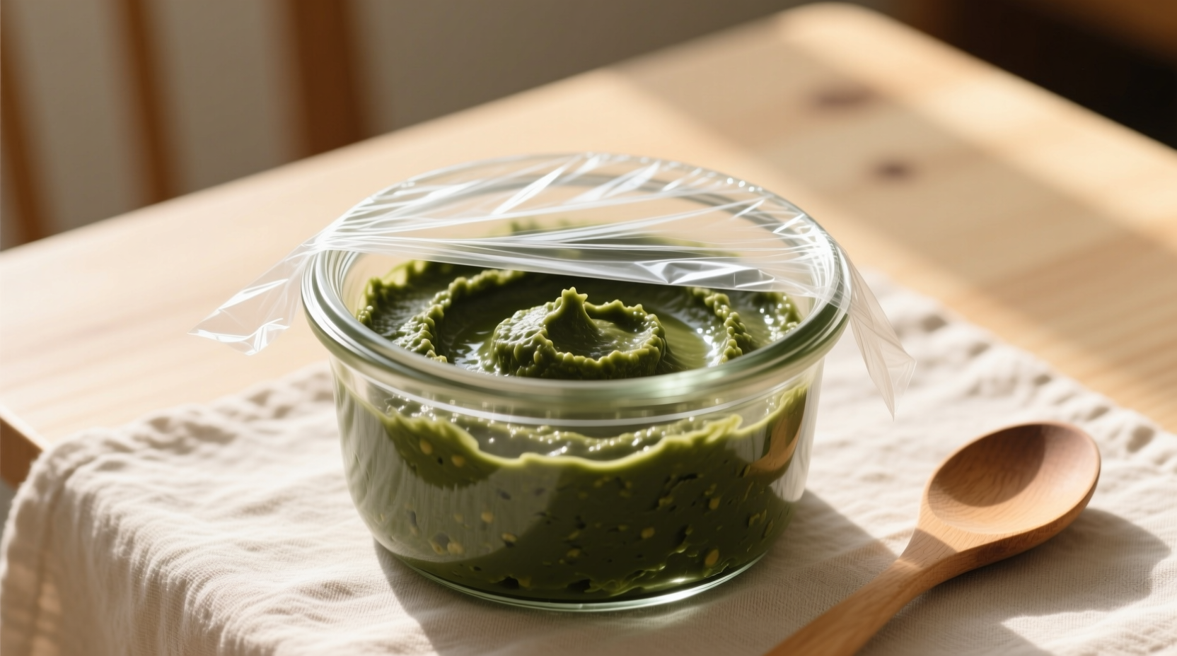 Homemade hummus in glass container with保鲜 wrap