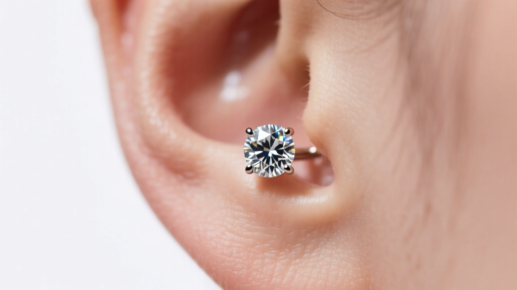 Close-up of a drooping 0.75 carat diamond stud earring on an earlobe, highlighting the gap between the post and ear in soft light