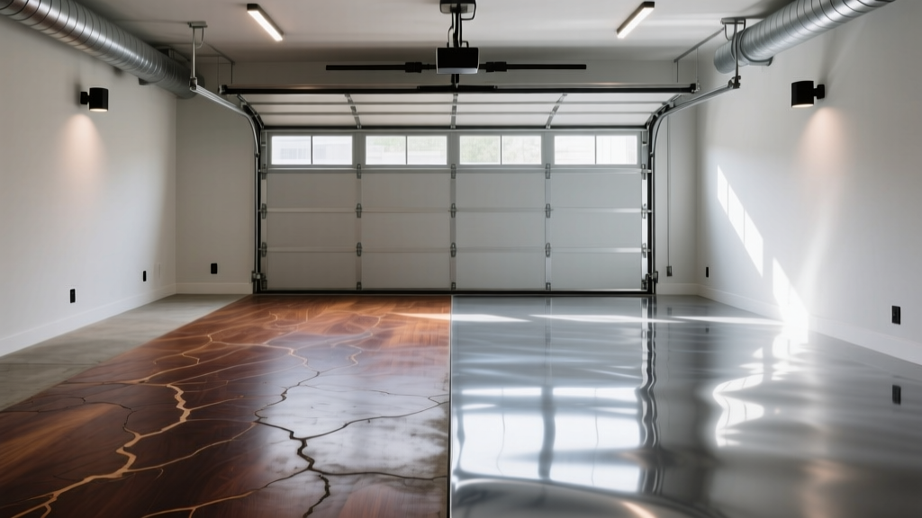Split floor view showing rich mahogany acid-stained concrete beside a glossy metallic epoxy coating in a modern garage.