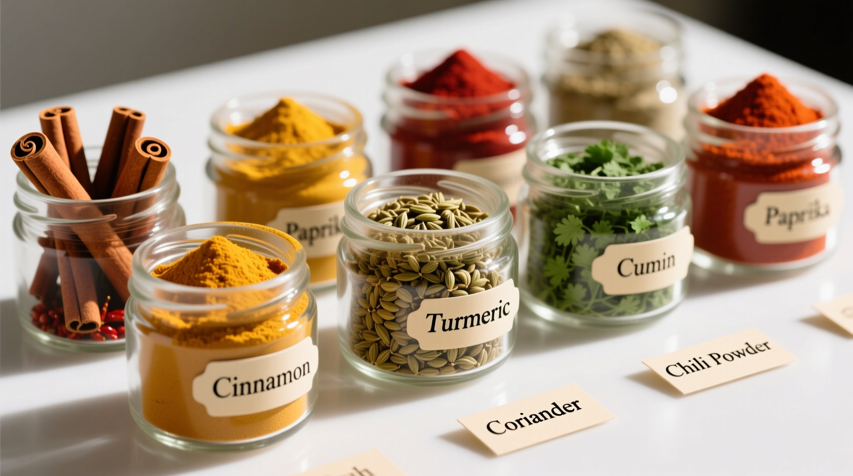 Close-up of various spices in glass jars