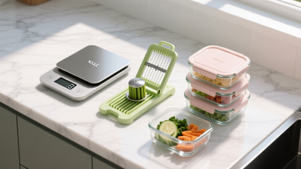 Overhead flat lay of budget meal prep gadgets including a digital food scale, vegetable chopper, and glass containers on a marble countertop