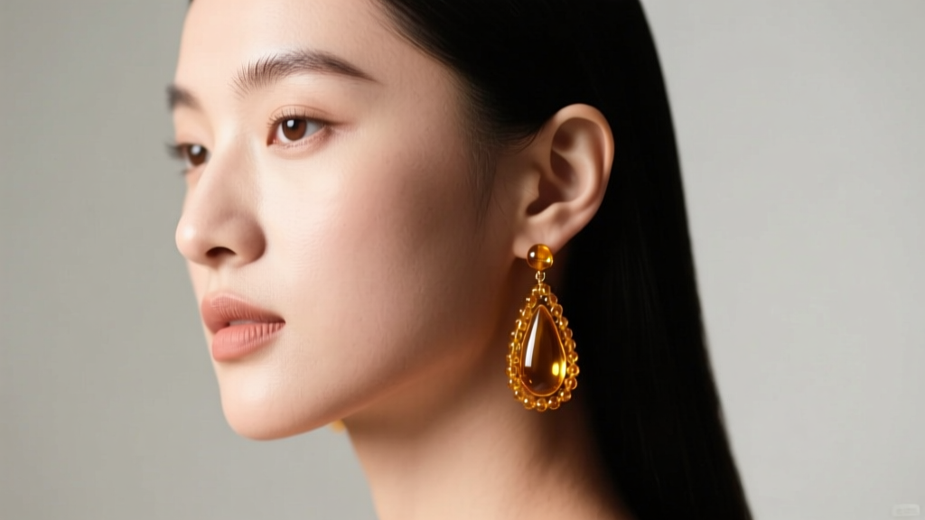 Side profile of a woman wearing lightweight amber beaded teardrop earrings that frame an oval face shape, soft studio lighting.