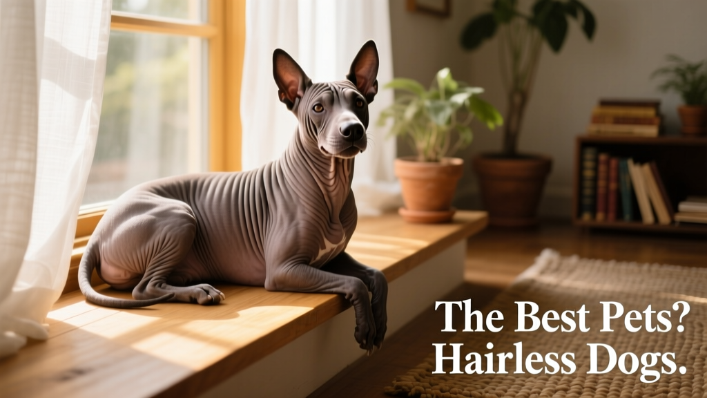 A smiling Xoloitzcuintli resting on a sunlit windowsill, showcasing its smooth, wrinkled skin and alert expression