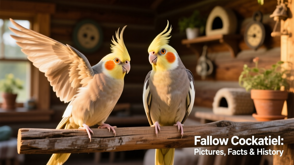 Two Fallow cockatiels side by side on a natural wood perch, one preening while the other looks curiously at the camera, highlighting their matching eye color and soft feather tones