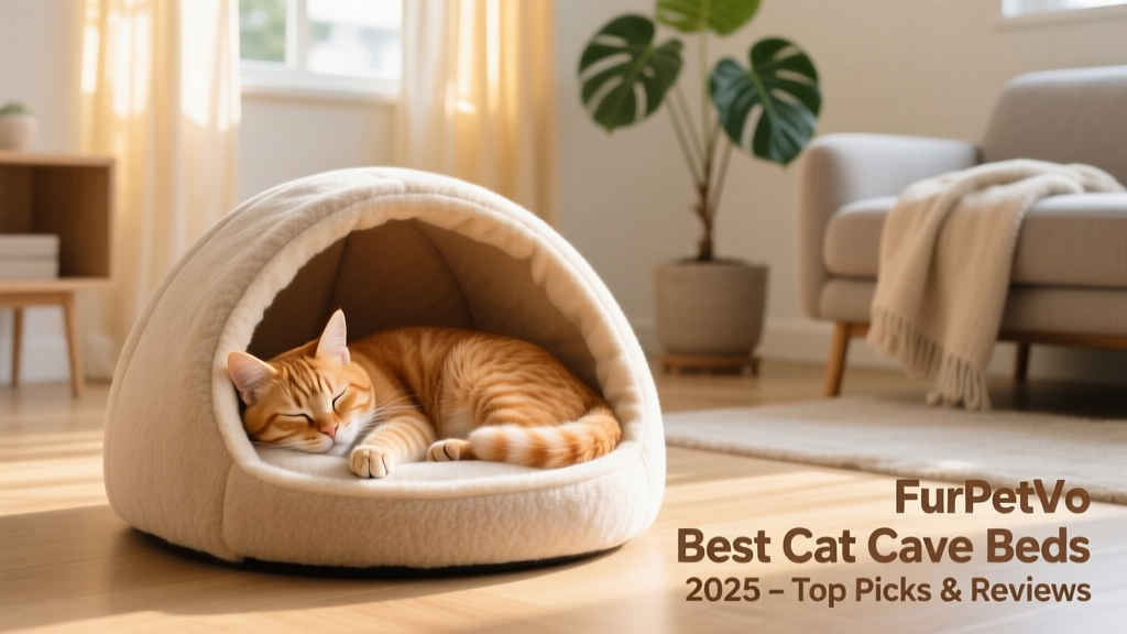 A ginger cat peacefully napping inside a soft, felt-lined FurPetVo cat cave bed in a sunlit living room
