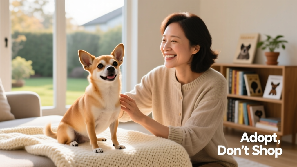A joyful, well-cared-for Chihuahua rescue dog sitting on a cozy blanket beside their adopter