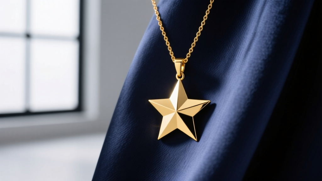 Close-up of a 14k yellow gold five-point star pendant necklace on silk fabric, soft studio lighting highlighting the sharp edges.