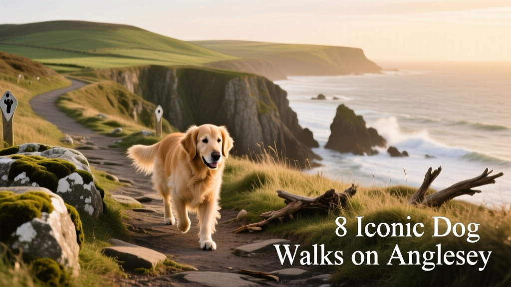 Dog walking along a rocky coastal path on Anglesey, with sea views and green hills in the background