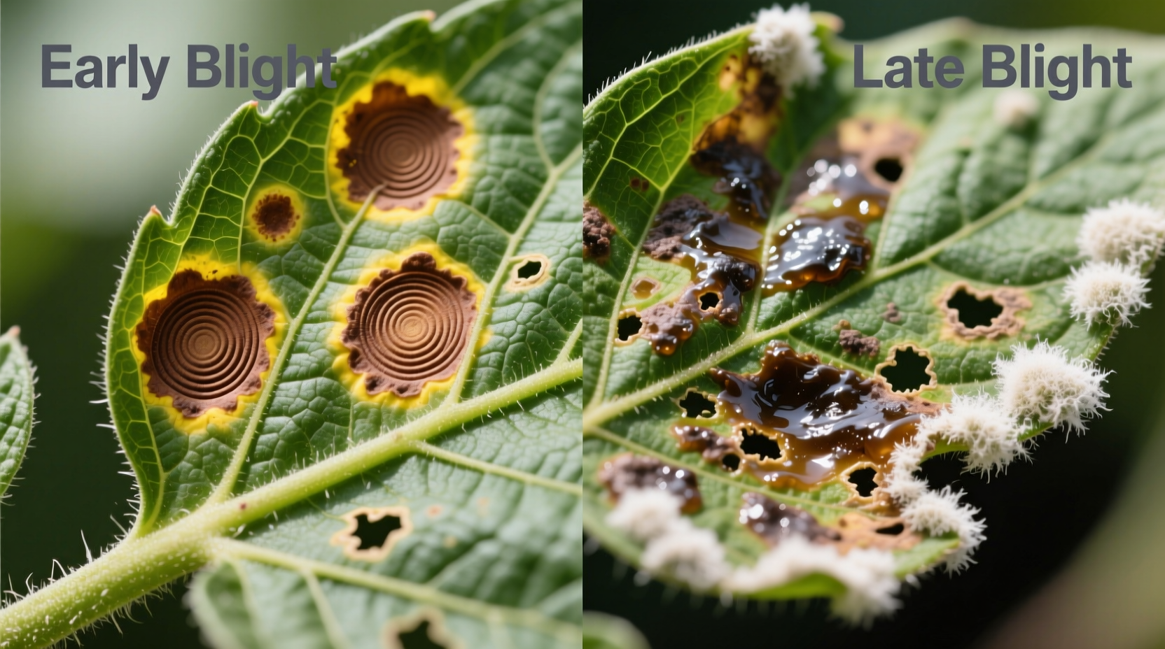 Close-up comparison of early and late blight symptoms on tomato leaves