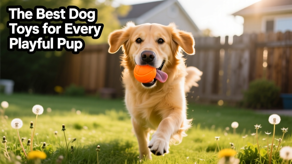 A golden retriever happily carrying a bright orange rubber ball in its mouth during outdoor play