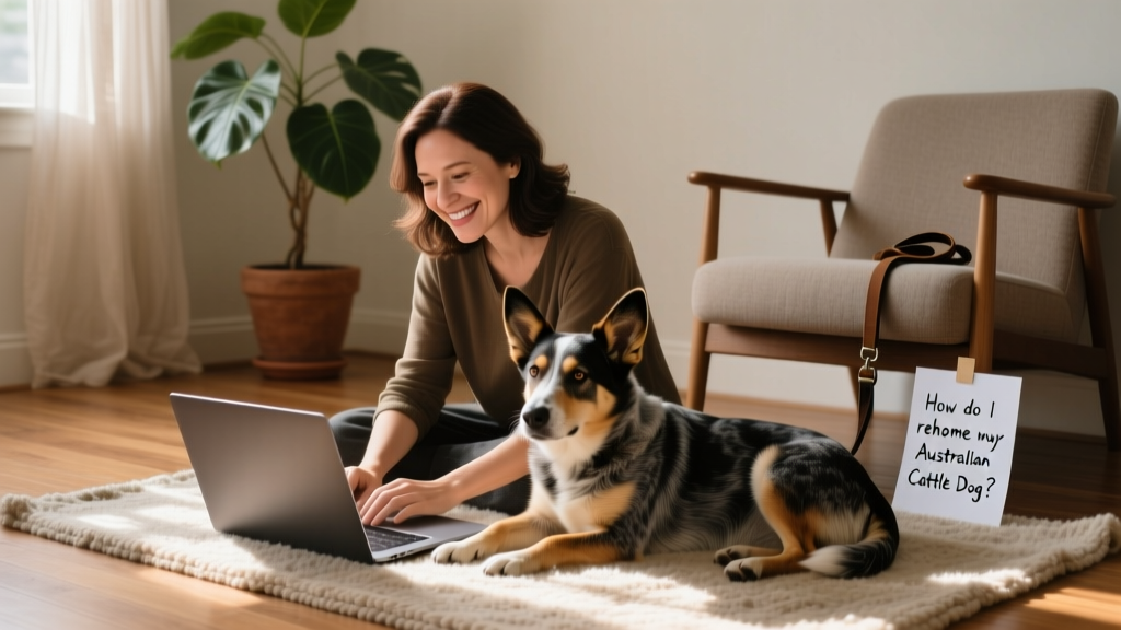 Person smiling while completing a pet profile on a laptop, with a calm Australian Cattle Dog resting nearby