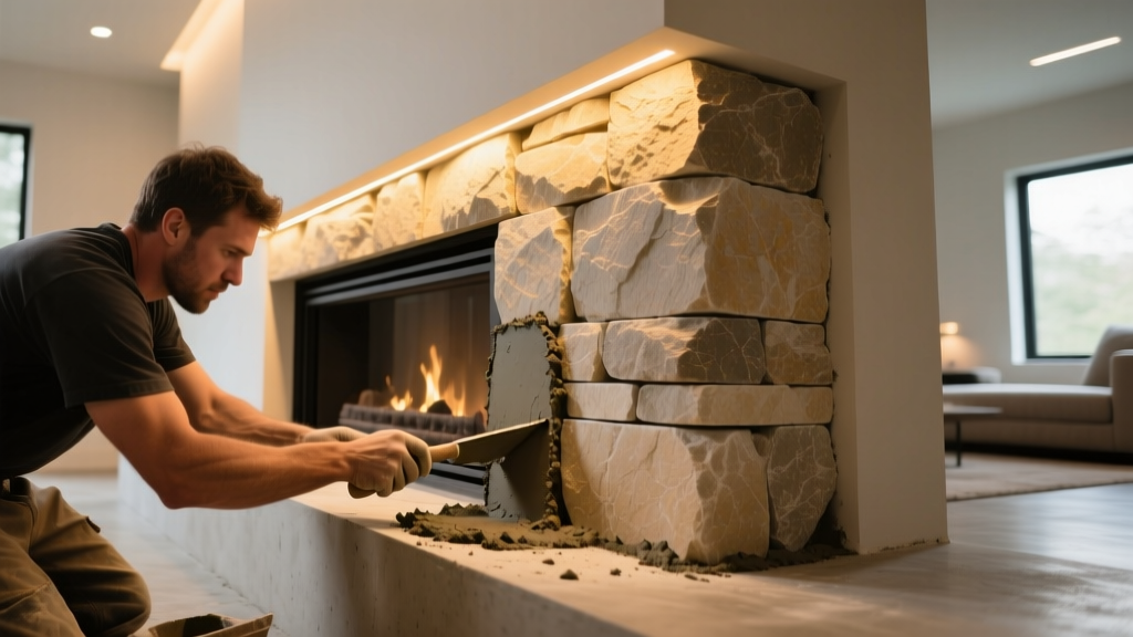 Mason applying mortar to stacked limestone veneer panels on a modern living room fireplace surround with warm ambient lighting.