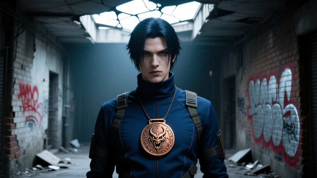 Cosplayer wearing a weathered brass Vergil half-medallion over a dark blue tactical turtleneck in a dimly lit urban alleyway.