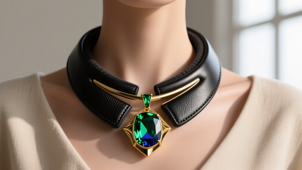 A heavy statement necklace featuring a hidden black leather and memory foam backing designed to distribute weight on the neck.