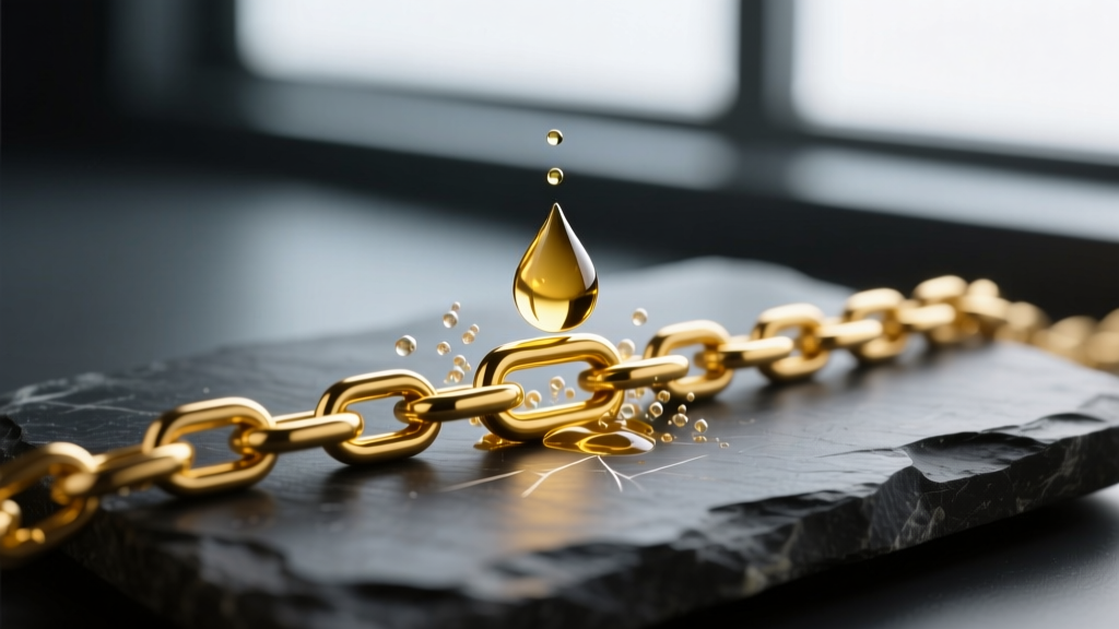 A drop of nitric acid testing solution reacting on a scored 14k yellow gold chain link, placed on a dark slate testing stone.