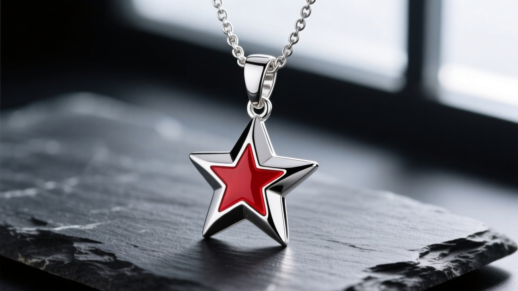 Close-up of a 925 sterling silver Dragon Ball necklace with a 4-star pendant and red enamel stars resting on dark slate.