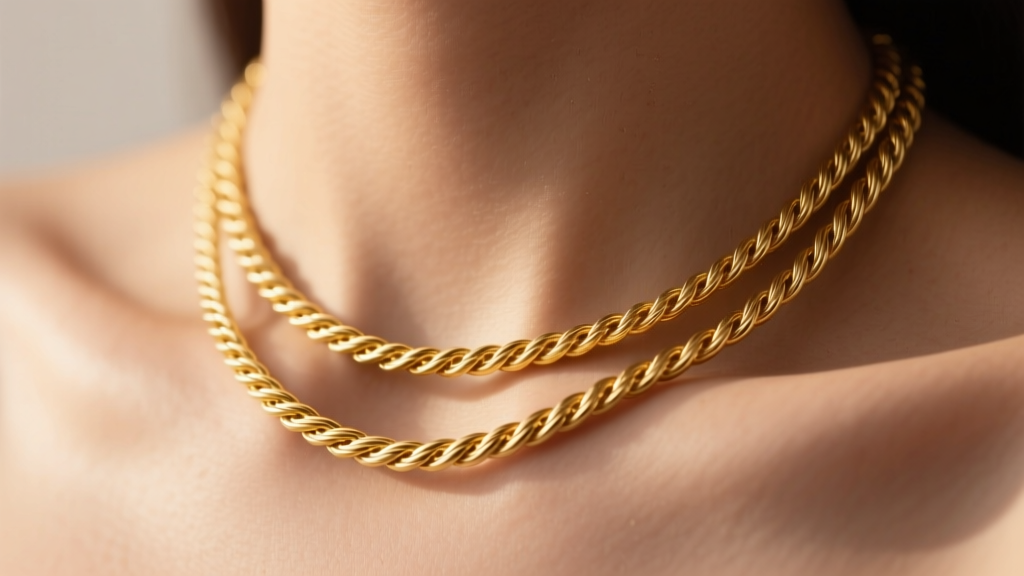 Macro shot of a 14k gold double necklace with a cable chain and rope chain resting on a collarbone under soft, warm studio lighting
