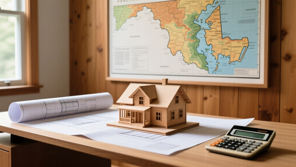 Architectural blueprints spread on a desk with a calculator, Maryland state map in background, and a wooden house framing model