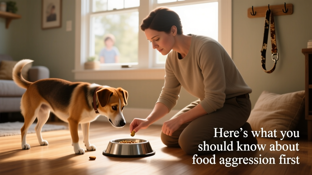 A trainer calmly dropping treats near a dog's bowl during desensitization training