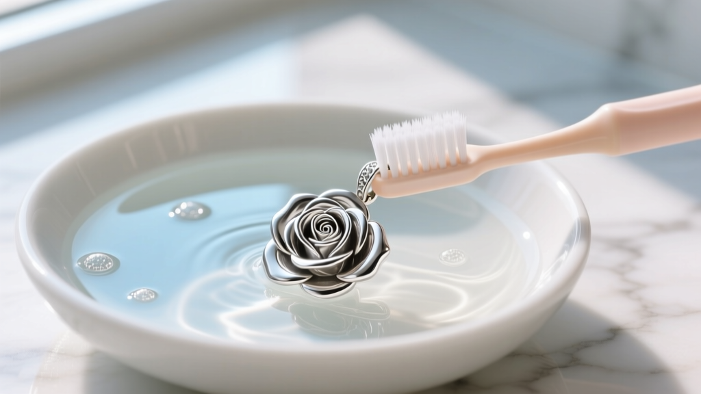 Soft-bristle baby toothbrush gently scrubbing the crevices of a silver rose pendant in a bowl of warm soapy distilled water.