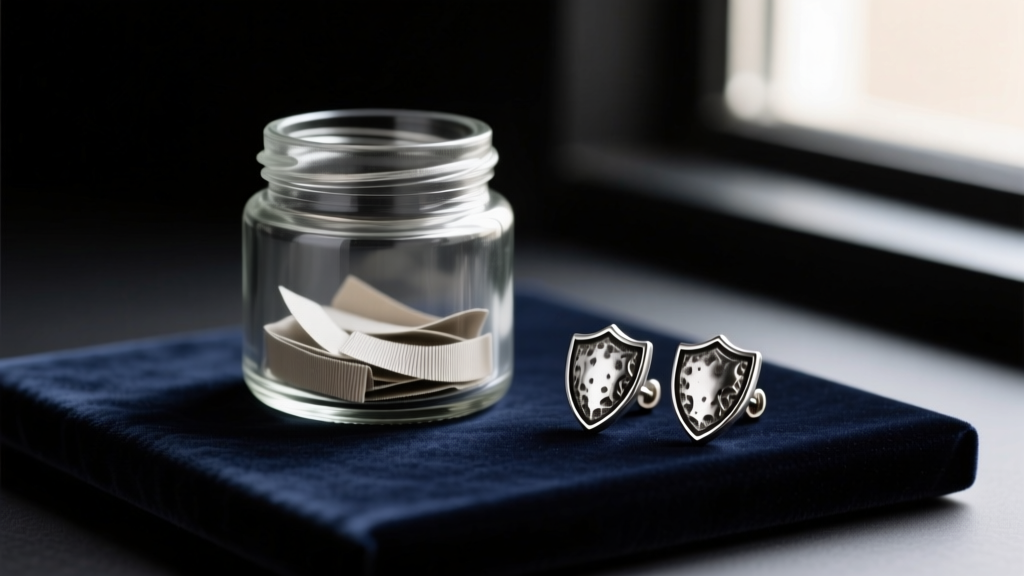 Glass jar of anti-tarnish strips next to oxidized sterling silver shield earrings resting on a dark velvet display pad in low light.