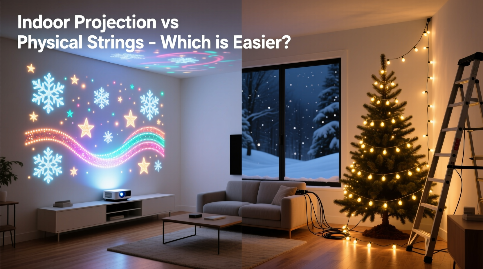 indoor projection christmas lights vs physical strings which is easier