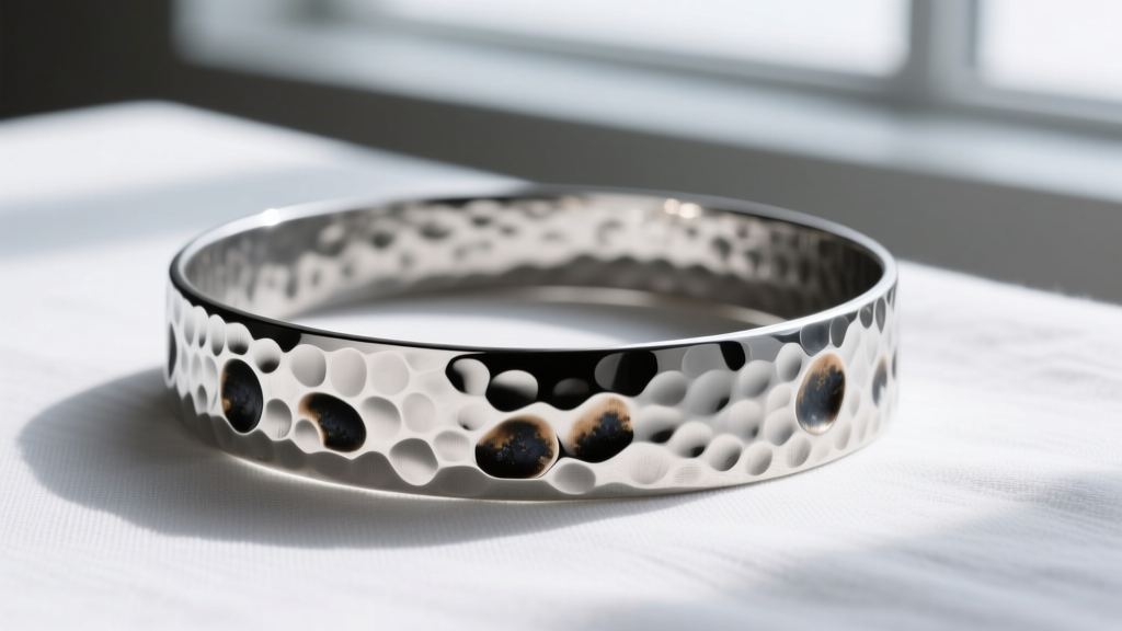 Oxidized sterling silver hammered choker on linen, showing deep planishing marks and dark patina in the metal crevices.