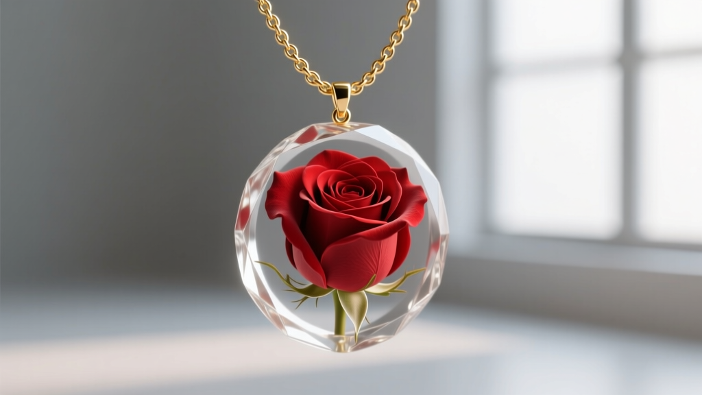 Close-up of a preserved real red rose pendant in clear UV-resistant resin, hanging from a delicate 18-inch 14k gold rolo chain