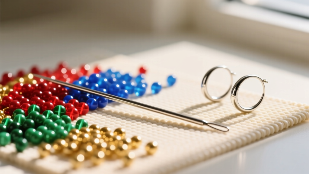 Flatlay of a beading mat with vibrant Miyuki seed beads, a fine needle, and silver ear wires bathed in soft, warm natural light.