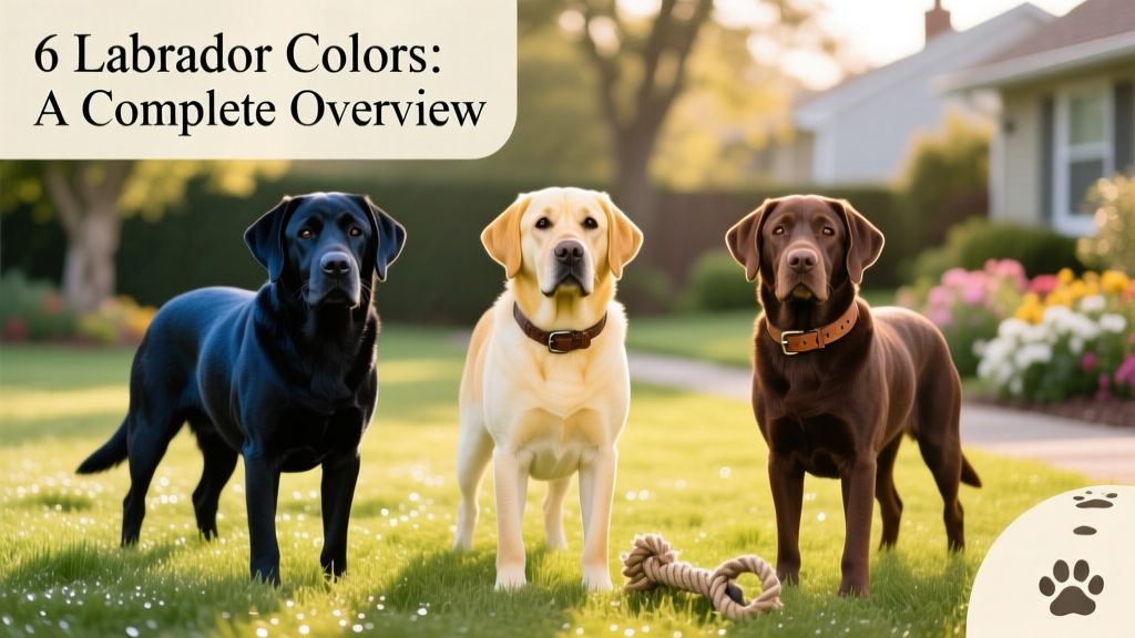 A side-by-side comparison of Black, Yellow, and Chocolate Labrador Retrievers standing on grass