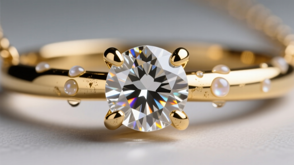 Macro shot of a four-prong diamond setting on a gold tennis necklace, showing microscopic lotion buildup and slight metal wear.