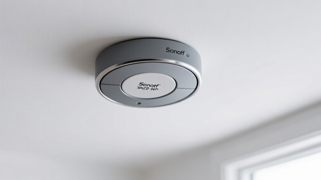 Macro shot of the Sonoff SNZB-06P mmWave sensor mounted on a white ceiling, highlighting its minimalist circular design.