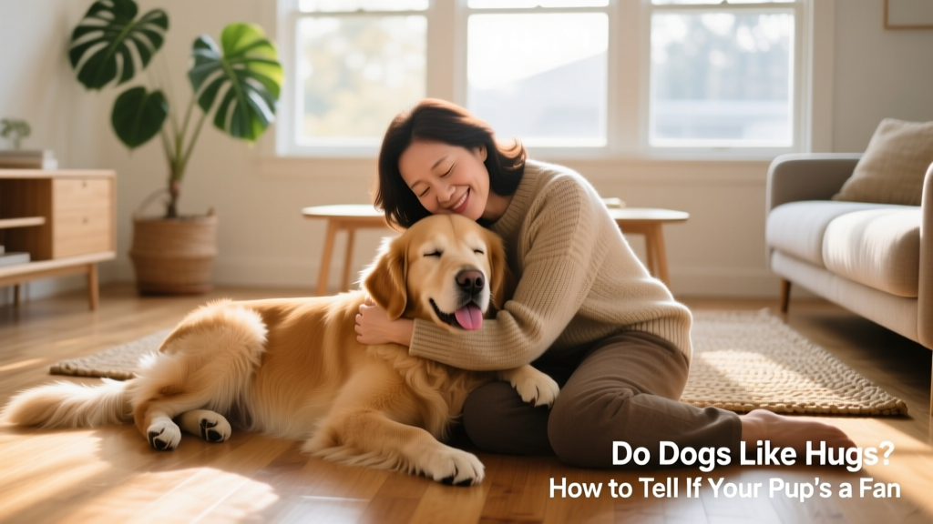 A person gently hugging a calm, relaxed golden retriever on a sunlit living room floor