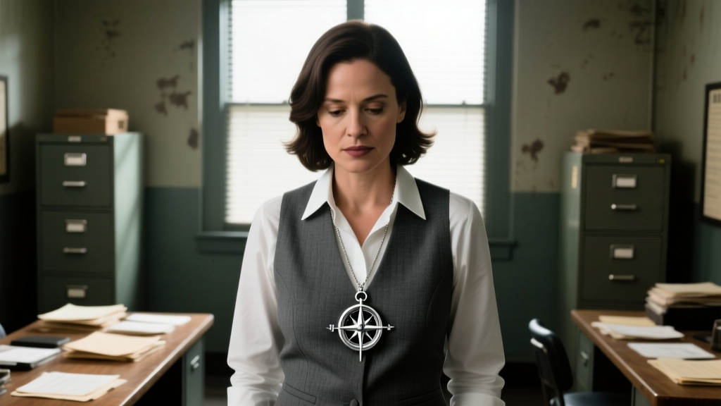 Woman wearing a silver compass necklace over a white button-down shirt and charcoal grey vest in a dimly lit police squad room