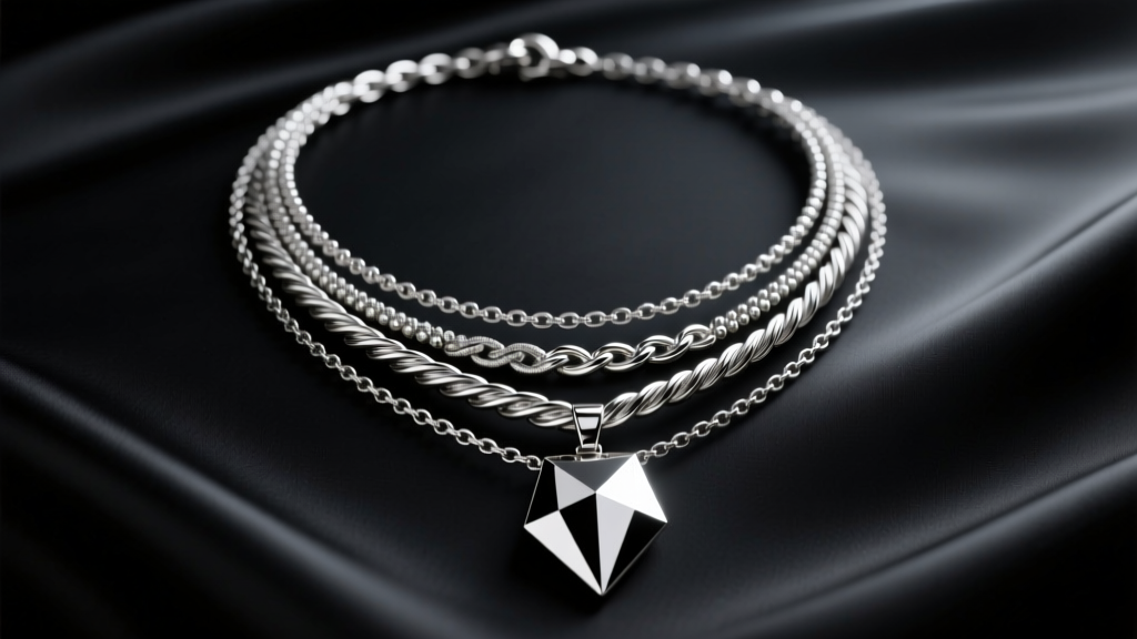Layered silver necklace set on dark silk, showing varied chain textures, a geometric pendant, and soft left-side studio lighting.