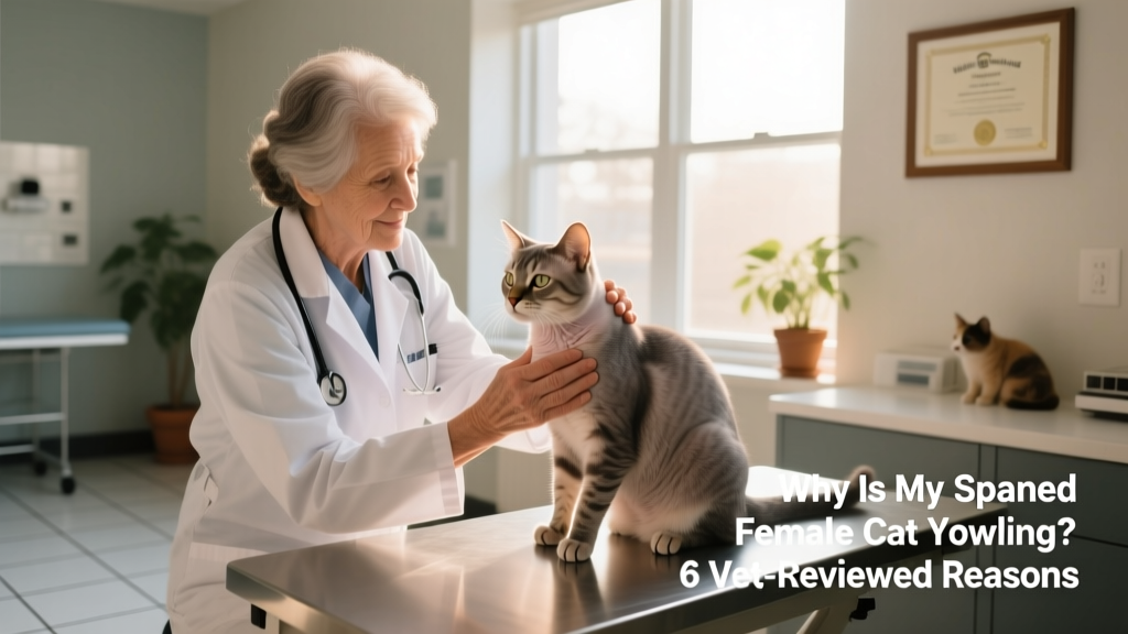 Veterinarian gently examining a senior spayed female cat during a wellness checkup