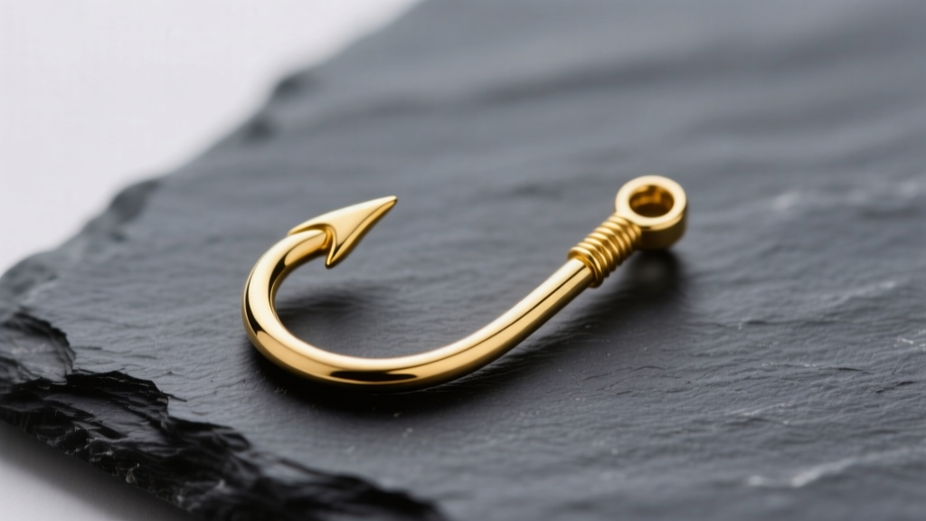 Macro photography of a polished 20-gauge 14k yellow gold fish hook earring wire resting on dark slate under studio lighting.