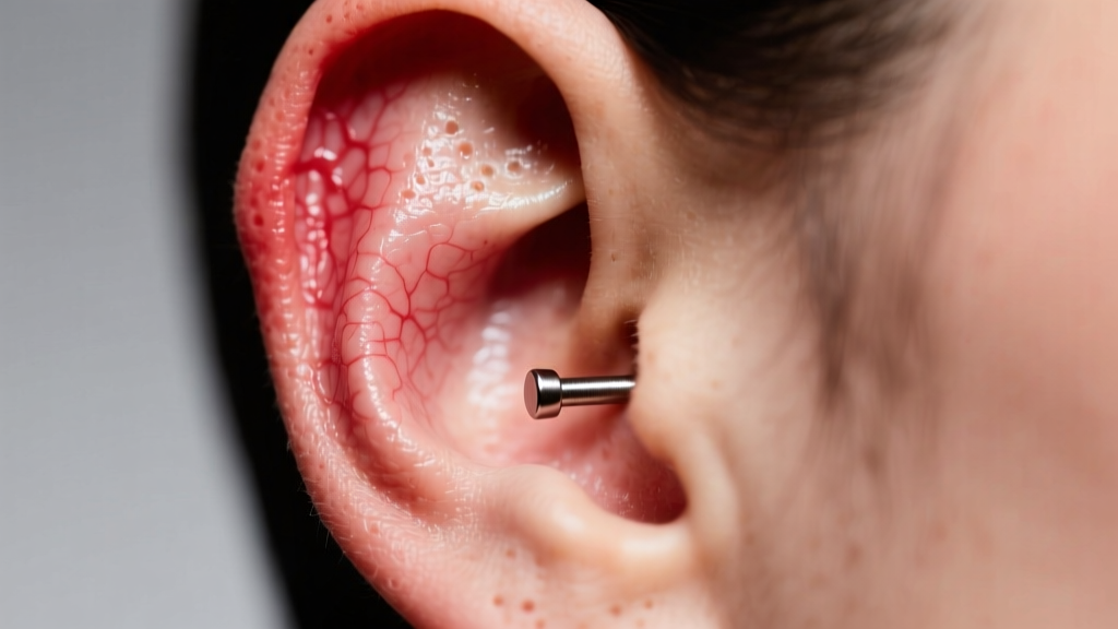 Close-up of a swollen, red earlobe with a small 18-gauge titanium stud, showing mild inflammation under bright clinical lighting.