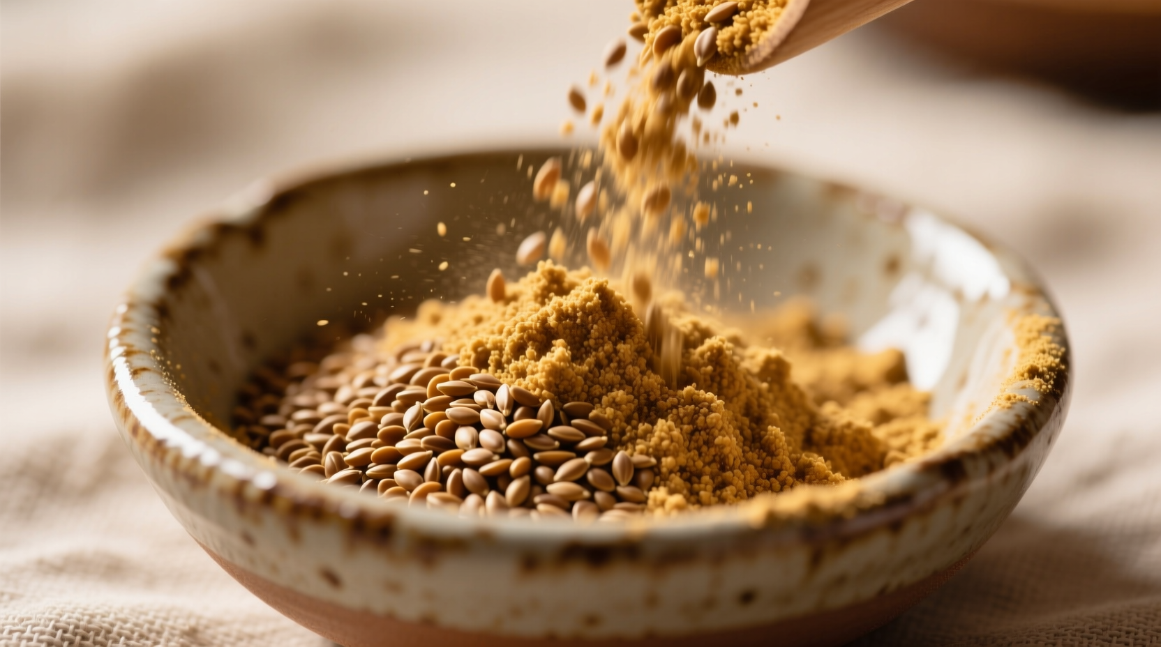 Freshly ground linseed seeds in a small bowl
