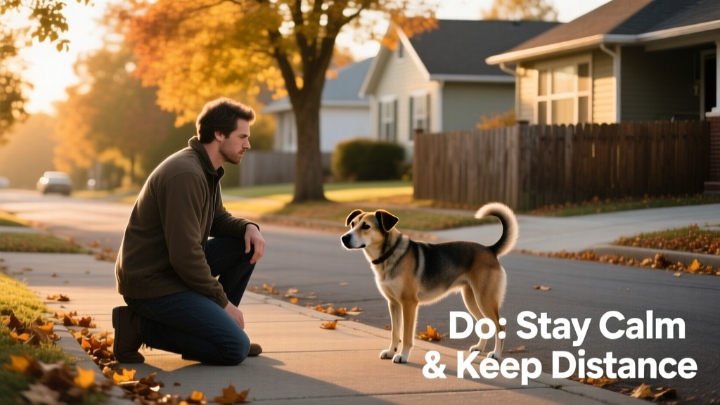 A calm, cautious person kneeling at a safe distance from a nervous-looking stray dog on a quiet residential street