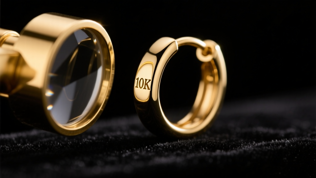 Macro shot of a jewelry loupe inspecting a 10k gold huggie earring hallmark on dark velvet under bright, focused studio lighting.